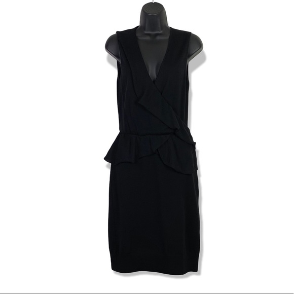 MOSCHINO Faux Wrap Ruffle Wool Black Midi knit Dress Size US 8 GB10 F38 - Picture 2 of 14